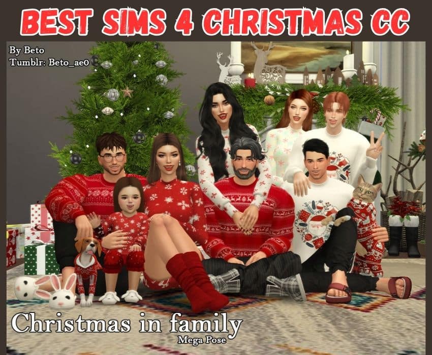 Sims 4 family celebrating christmas with a christmas pose 