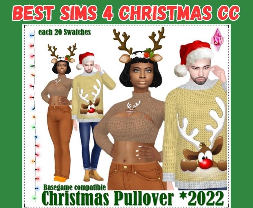 Sims 4 Christmas Pullover sweaters on female and male sim both have a reindeer with a rose nose and antlers