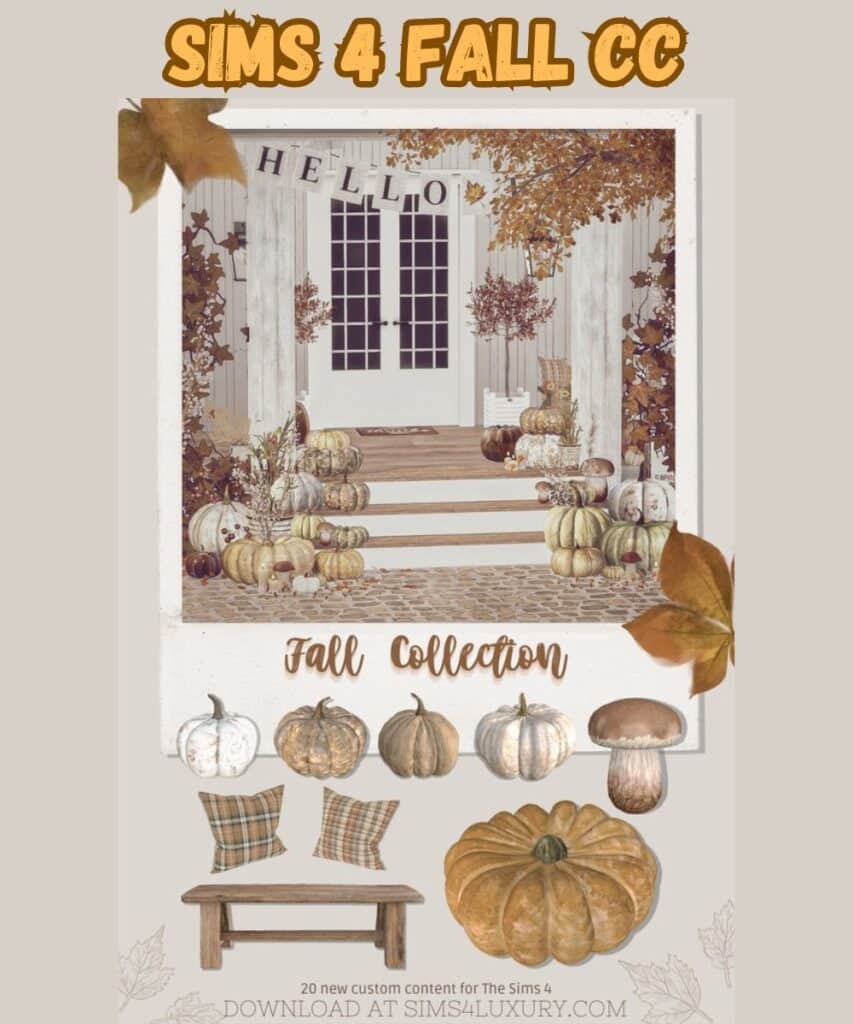 Sims 4 Fall collection for outdoor fall looks with a fall sign and pumpkins