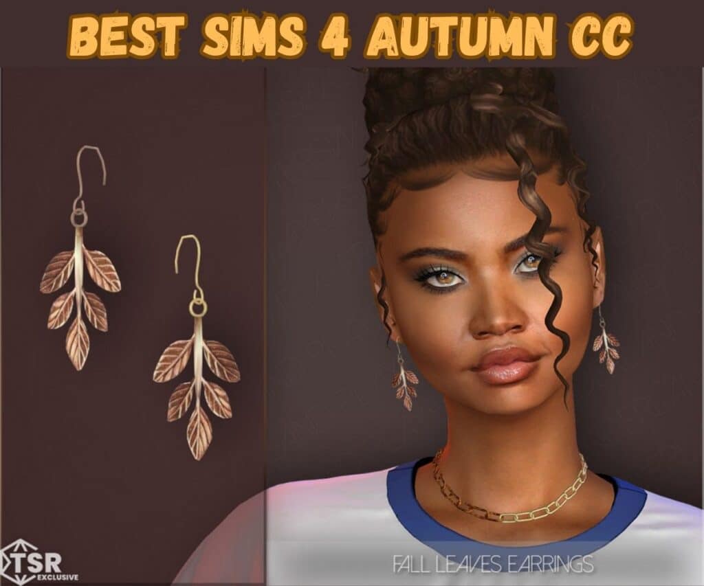 Pretty autumn leaves earrings on a female sim in sims 4