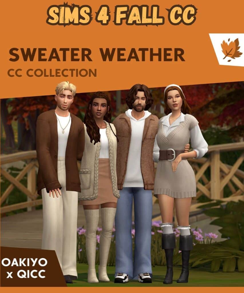 Sims 4 group of sims wearing different kinds of fall weather inspired clothes, but especially sweaters and cardigans