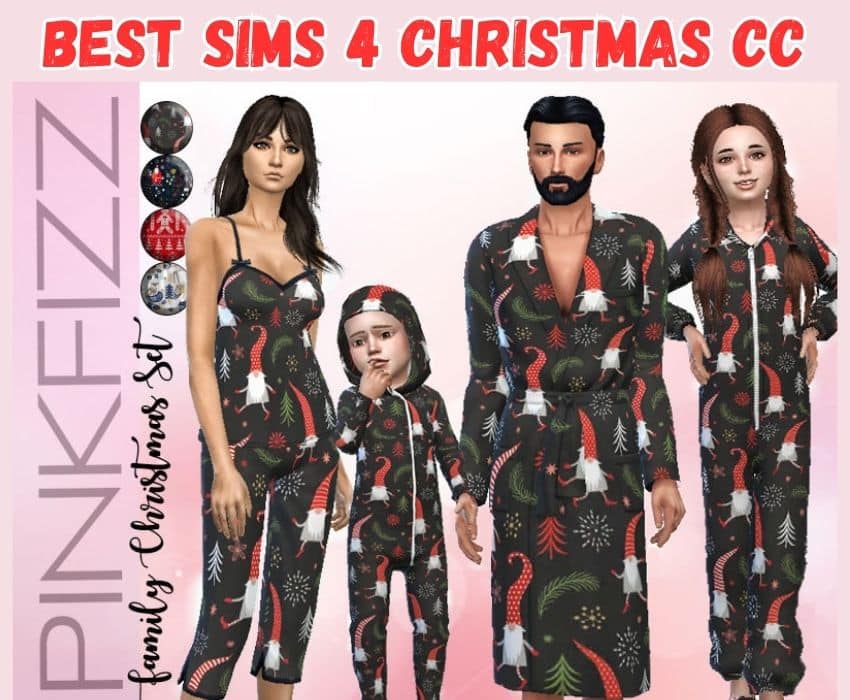 sims family wearing matching Christmas pajamas