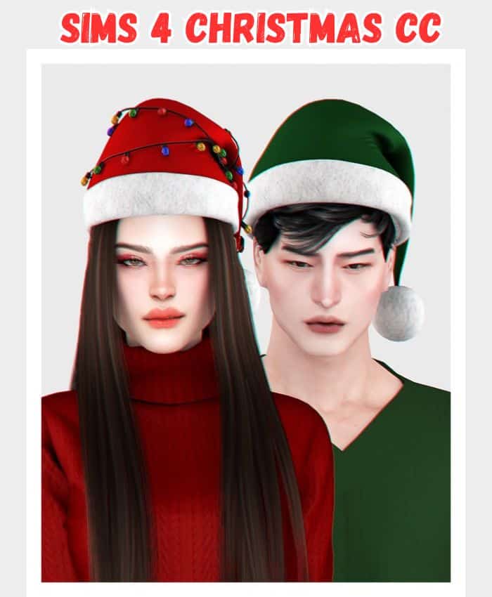 Sims 4 Santa hat on female and male sim in red or green and the red has christmas  lights