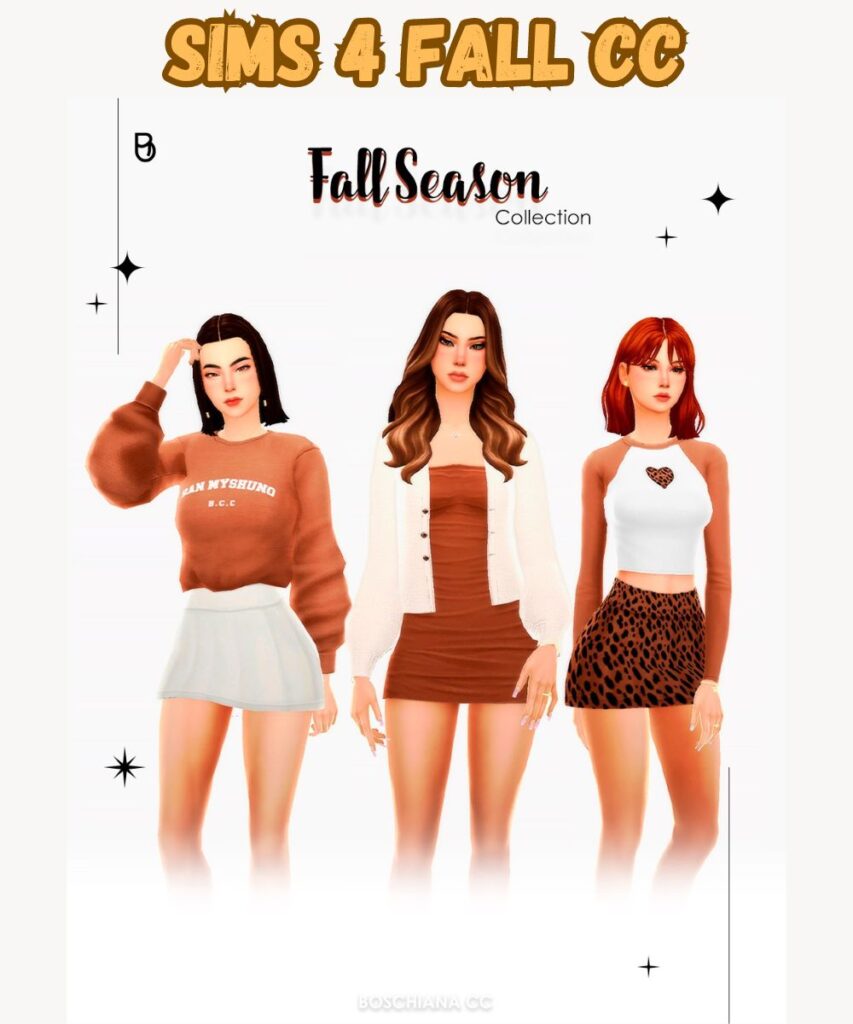 Sims 4 Fall Season Clothing cc pack with different outfits on female sims