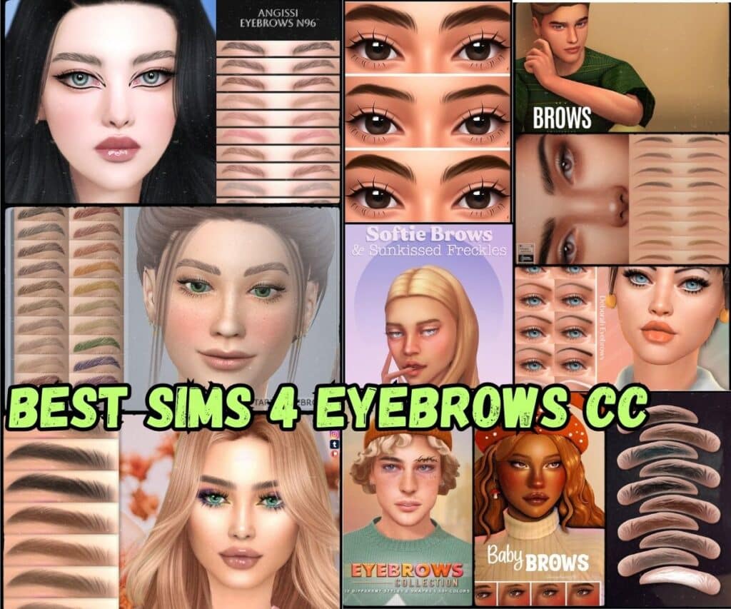 Sims 4 eyebrows cc on different sims in different eyebrows styles like thin eyebrows, thick eyebrows, realistic eyebrows, and maxis-match eyebrows
