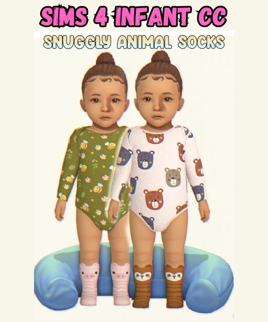 two infant sim twins wearing animal onesies and cute animal socks