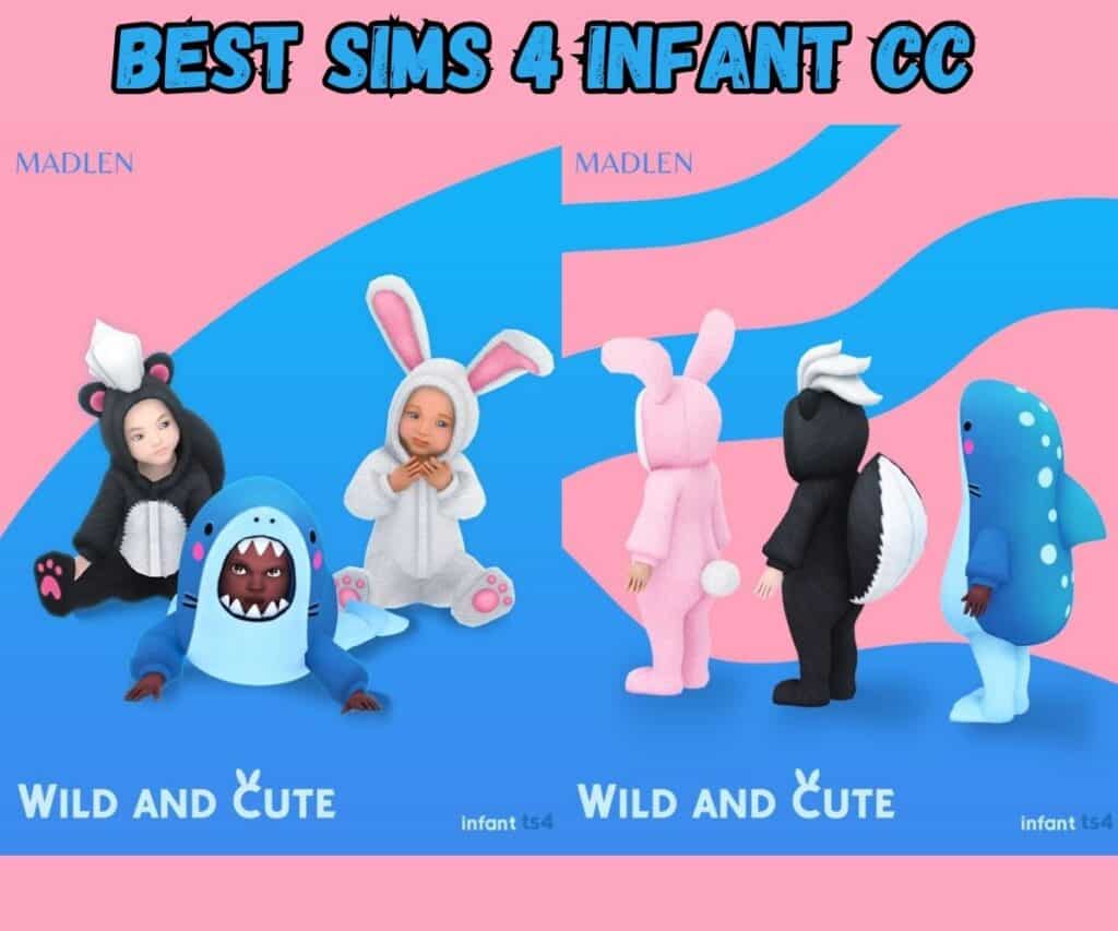 sims 4 infants wearing animal onesies: shark, skunk, and bunny