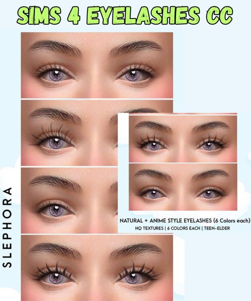 super realistic and anime style eyelashes swatches for sims 4