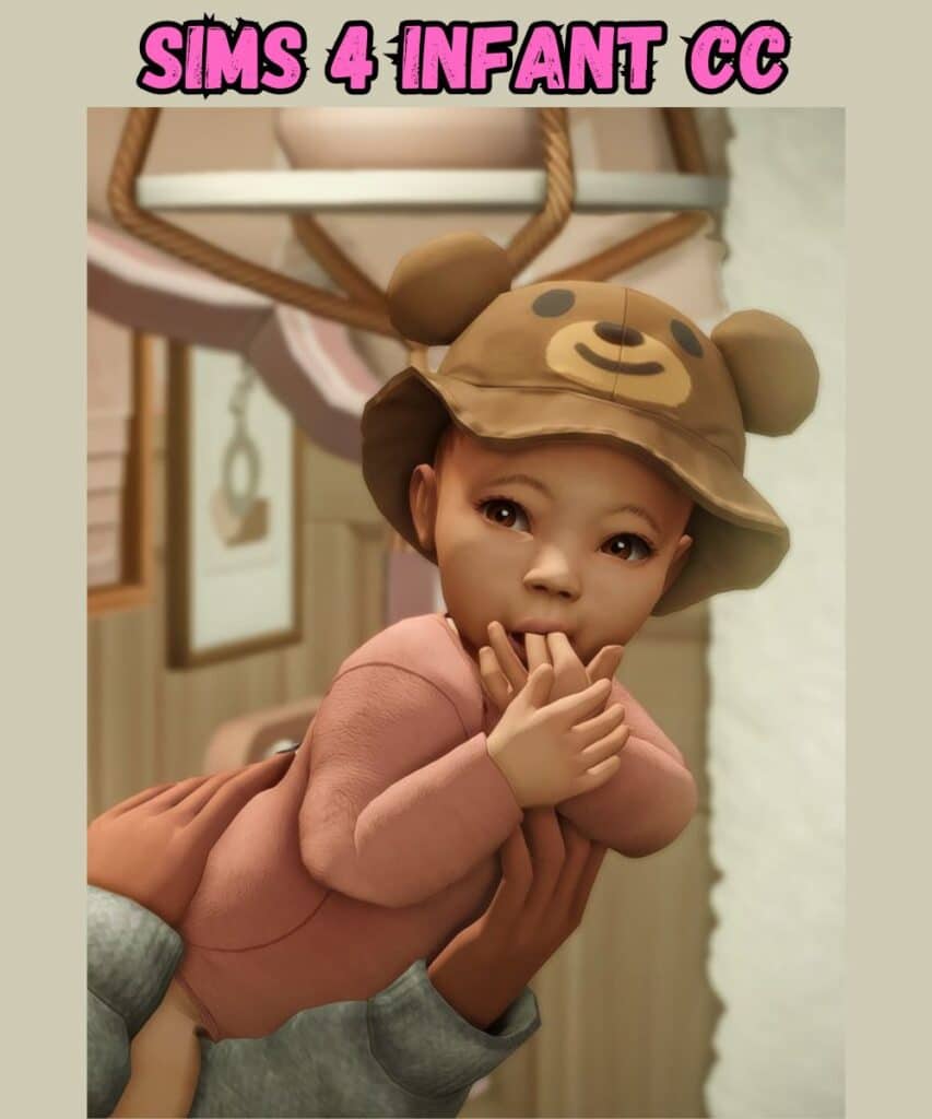 infant sim wearing cute brown bear sunhat and onesie