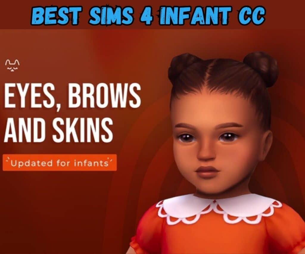 baby sim wearing orange top and has two space buns for hair