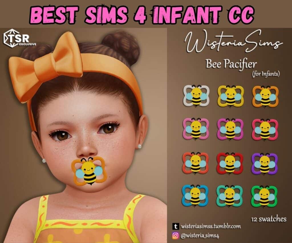 sims 4 infant wearing orange outfit with bug orange headband, and has a cute bee pacifier