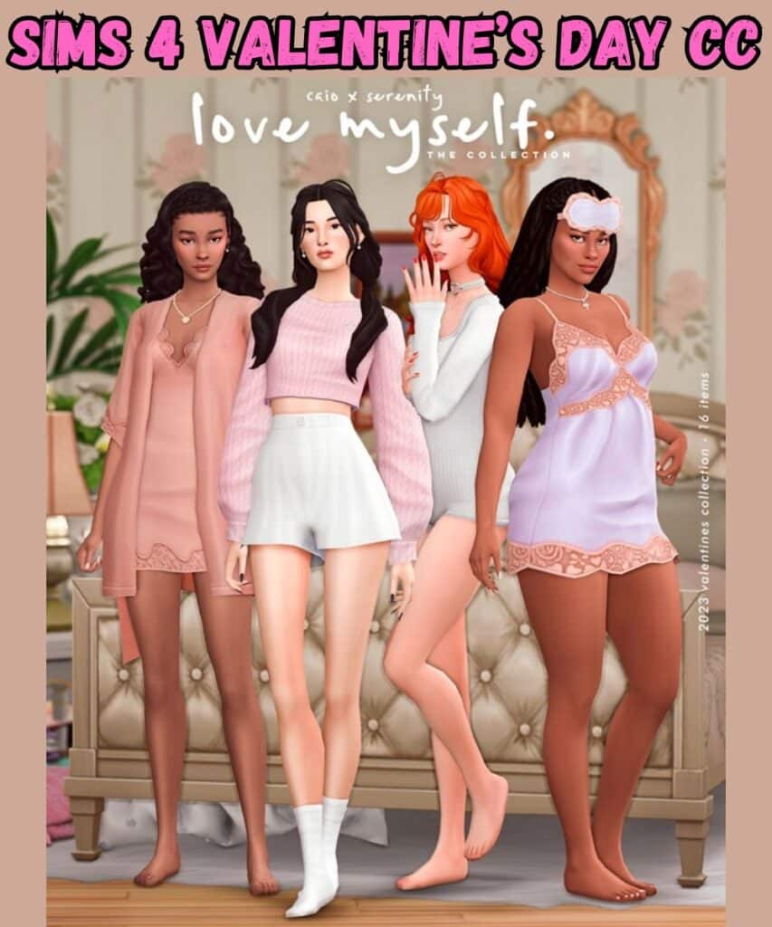 female sims wearing different casual loungewear for love day