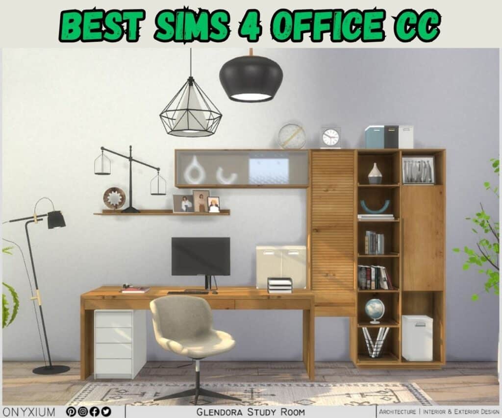 sims 4 neutral office with wood furniture and metal fixtures 