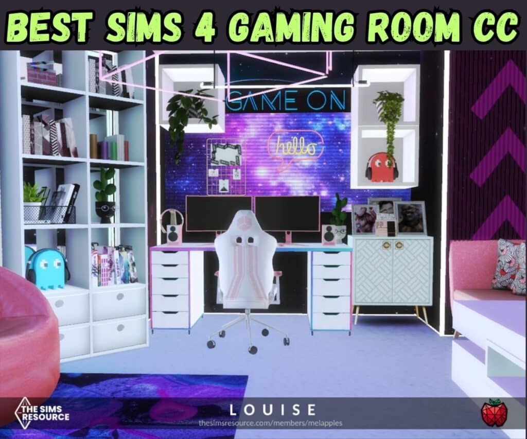 pretty and retro white and purple gamer girl cc room for sims 4