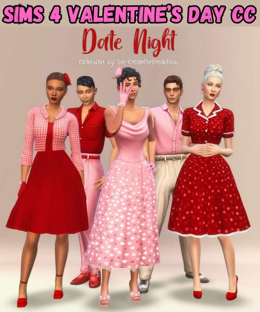 set of valentines date night dresses and outfits for female and male sims 