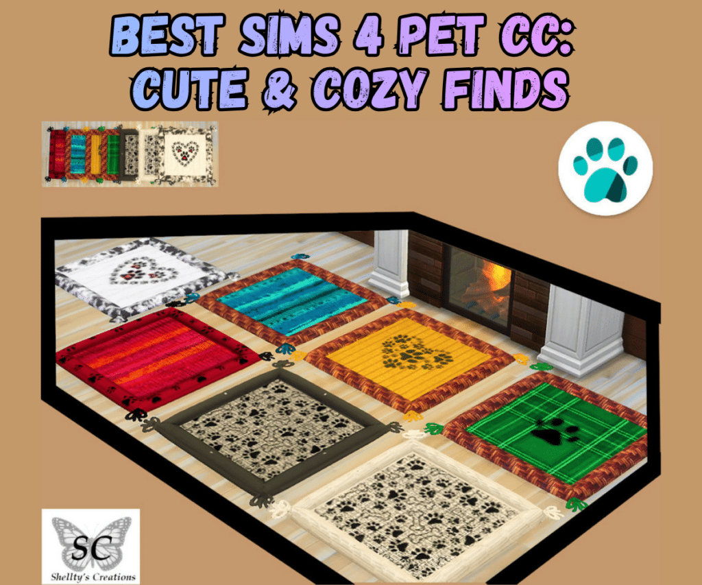 Super Cute Sims 4 Pet CC: Pet Decor, Animal Beds, Kitty & Dog Stuff, and So Much More! 12 this dog bed has 6 different patterns and is near a fireplace