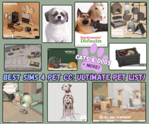Super Cute Sims 4 Pet CC: Pet Decor, Animal Beds, Kitty & Dog Stuff, and So Much More! 1 Sims 4 pet cc collage featuring different pet cc for cats dogs, horses and even rodents.