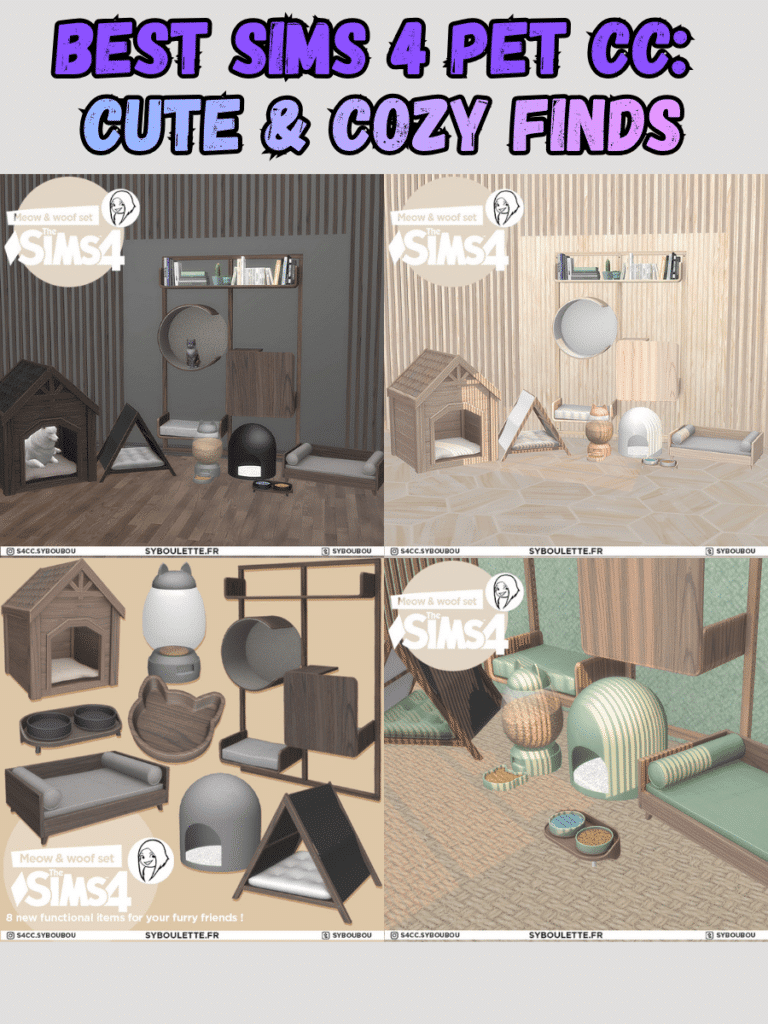Super Cute Sims 4 Pet CC: Pet Decor, Animal Beds, Kitty & Dog Stuff, and So Much More! 7 A collection of sims 4 pet cc for both cats and dogs, the images show the whole set of dog bows, cat beds, dog house, ca t scratchers and the different colors they can come in such as green, brown and cream