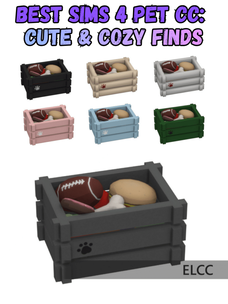 Super Cute Sims 4 Pet CC: Pet Decor, Animal Beds, Kitty & Dog Stuff, and So Much More! 9 this image shows a dog or cat toy chest in various colors such as blue. green, white, black, pink, and brown