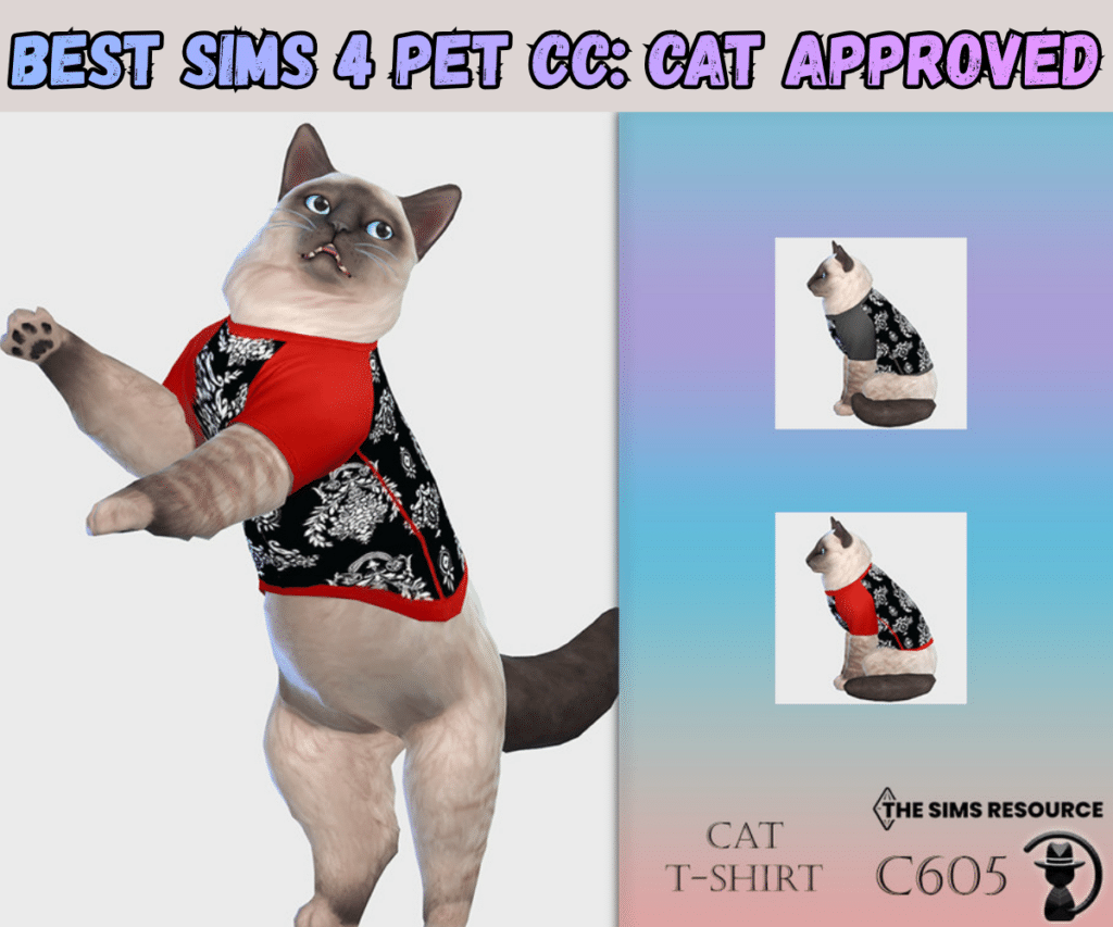 Super Cute Sims 4 Pet CC: Pet Decor, Animal Beds, Kitty & Dog Stuff, and So Much More! 13 This siamese cat is wearing a cute tshirt with red sleeves and black and white print