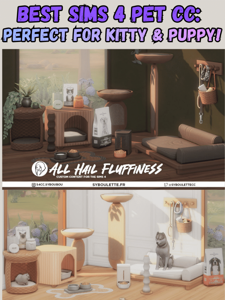Super Cute Sims 4 Pet CC: Pet Decor, Animal Beds, Kitty & Dog Stuff, and So Much More! 10 this all hail fluffiness cc set for dogs and cats shows inside a home a natural and aesthetic cc decor of pet beds, pet feeders, different cat trees, and plants for decoration